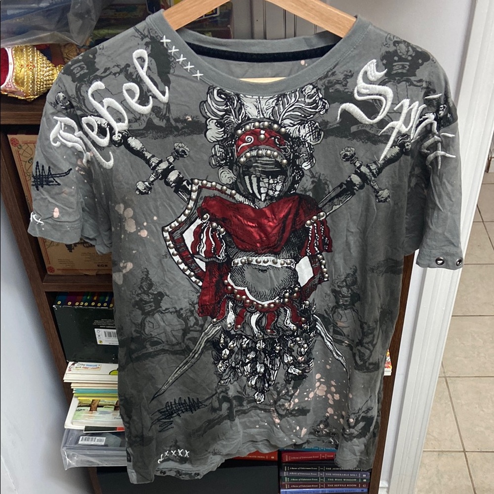 Y2K Rebel Spirit Distressed, Embroidered & etc. Gray and Red Knight Graphic Tee